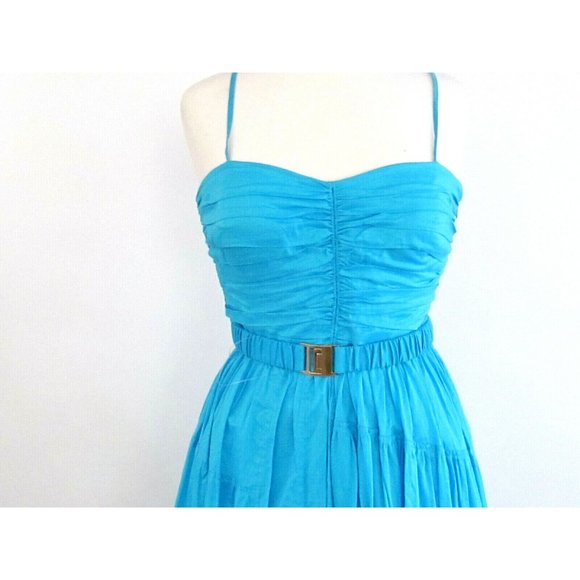 Calvin Klein Turquoise 100% Cotton Rushed Bodice Knee Length Designer Dress 14.R - Picture 1 of 7